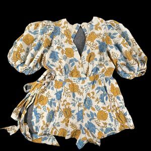 Amalie The Label Linen Blend Shorts Romper Floral 16 Playsuit Puff Sleeve NWOT